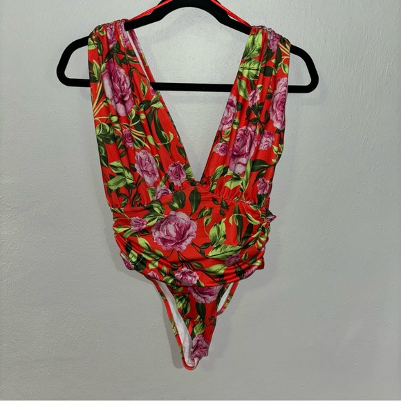 NWT Zara Orange Floral Deep V Bodysuit Size Small - Picture 2 of 2